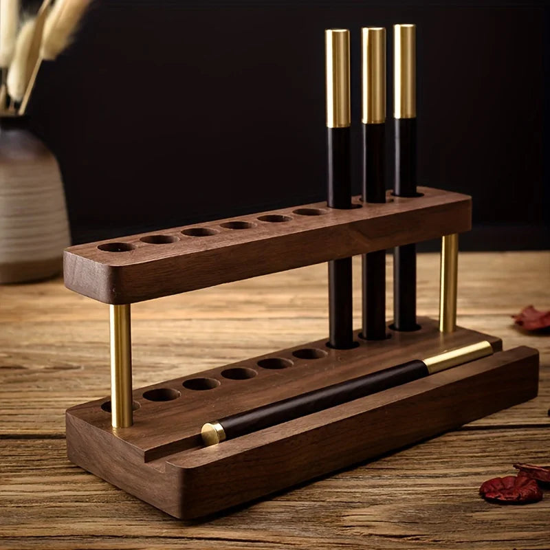 1PC Walnut Wood Multifunction Desk Organizer - Pen Holder, Phone Stand & Storage Solution for Office and School