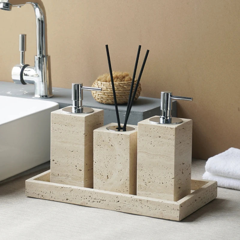 Beige Travertine Bathroom Accessories Set Natural Marble Soap Dispenser Soap Dish Reed Diffuser Vanity Tray Kit Bathroom