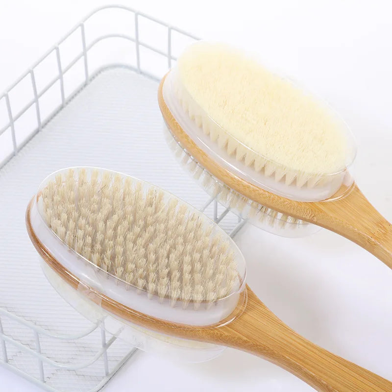 Shower brush with soft and hard bristles, double sided long handle, back scrub body exfoliator, suitable for both wet and dry us