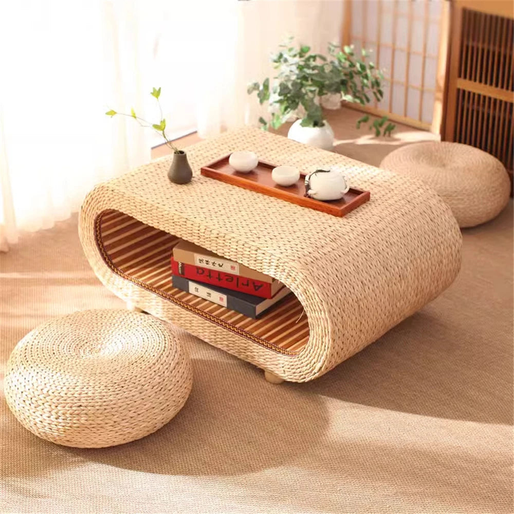 Japanese Style Living Room Coffee Table Handmade Suitable For Sitting On The Ground Rectangular Rattan Straw Coffee Table