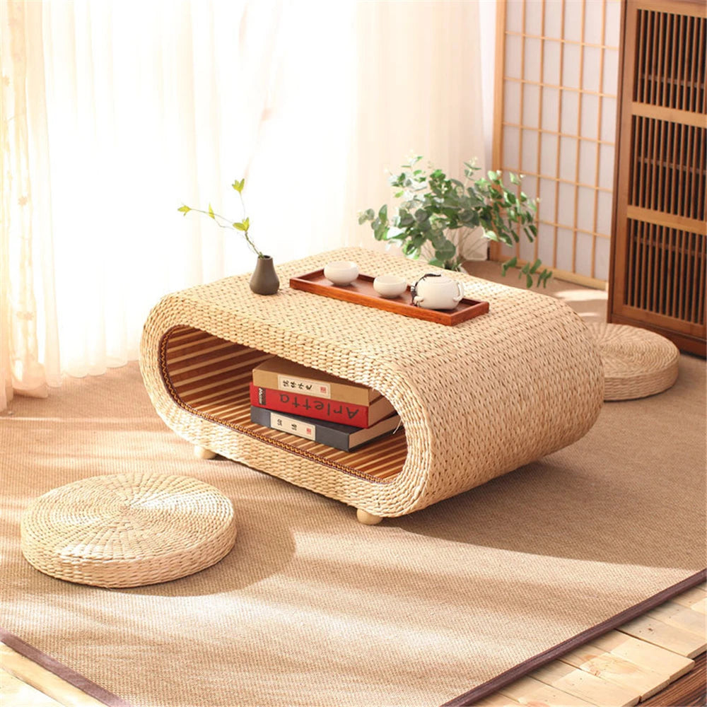 Japanese Style Living Room Coffee Table Handmade Suitable For Sitting On The Ground Rectangular Rattan Straw Coffee Table