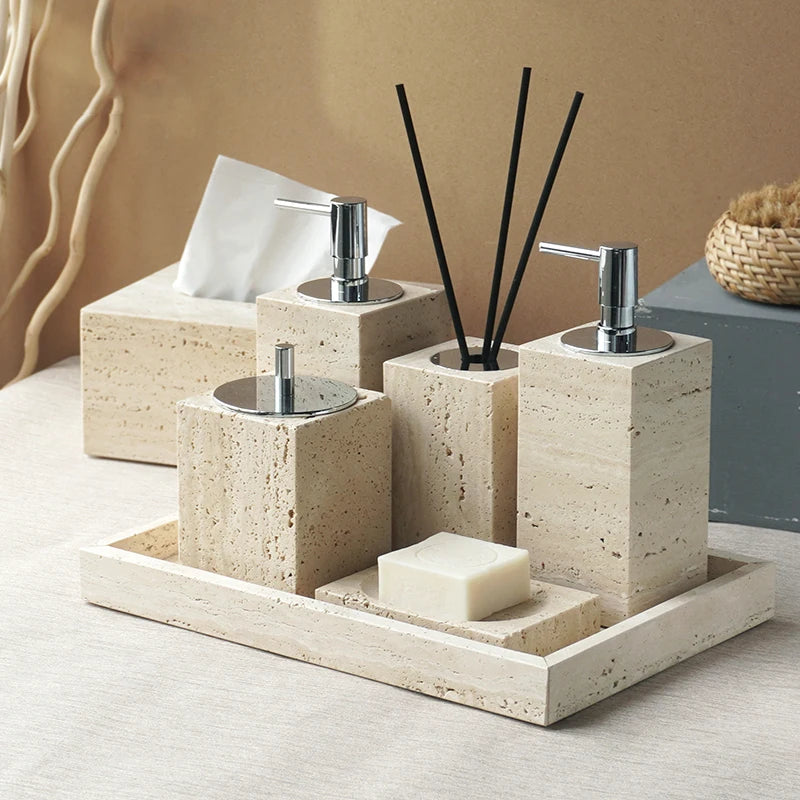 Beige Travertine Bathroom Accessories Set Natural Marble Soap Dispenser Soap Dish Reed Diffuser Vanity Tray Kit Bathroom