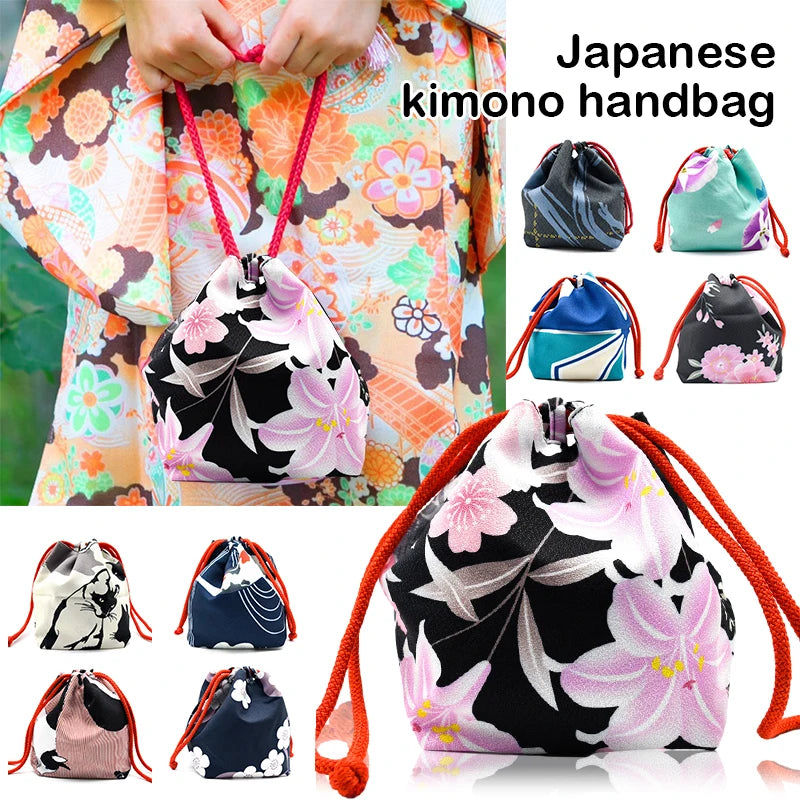 Kimono Handbag Japanese Style Haori Yukata Girls Kimono Purse Women Bag Vintage Floral Drawstring Bucket Bag Hanfu Handbag