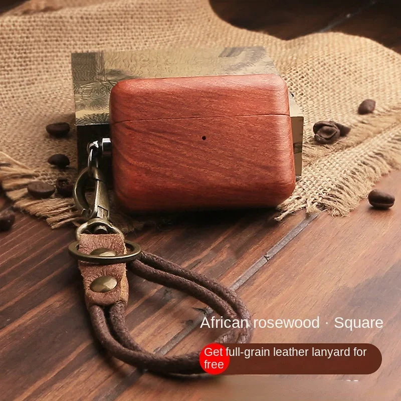 Luxury Solid Wood Earphone Case For AirPods Pro 2 Protective Cover For AirPods 1/2/3/4 Gen Shell+Wrist Strap Cowhide Lanyard