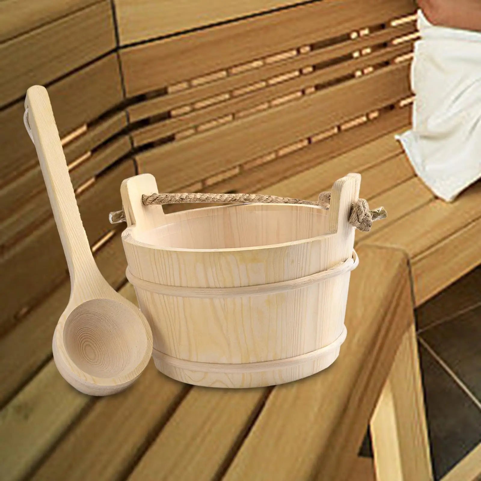 Wood Sauna Bucket and Ladle SPA Steaming Bathroom Tool Tub Barrel Multipurpose 4L Large Capacity, SPA Accessory for Bath