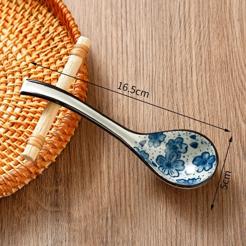 Soup Spoons Japanese Ceramic Kitchen Tableware Creative Retro Long-Handled Bone China Eating Scoop Dinnerware Stirring Teaspoon