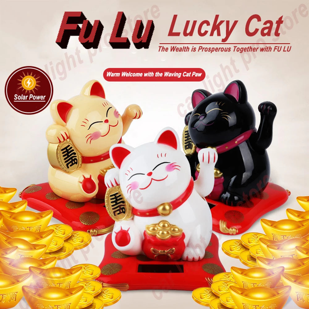 1pc Lucky Cat Solar Powered Maneki Neko Hand Waving Fortune Cat Figurines Home Office Car Holiday Seasonal New Year Decor