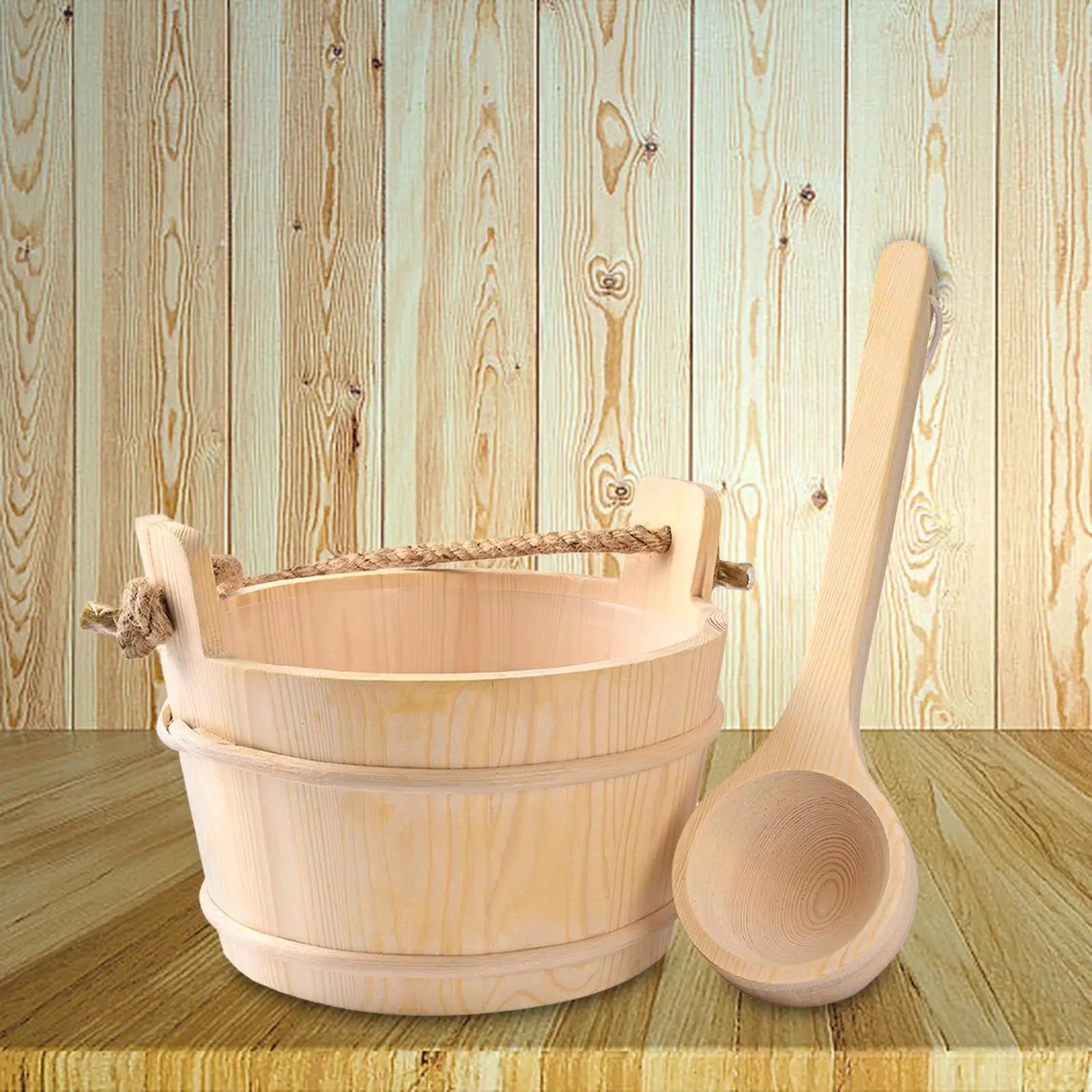 Wood Sauna Bucket and Ladle SPA Steaming Bathroom Tool Tub Barrel Multipurpose 4L Large Capacity, SPA Accessory for Bath