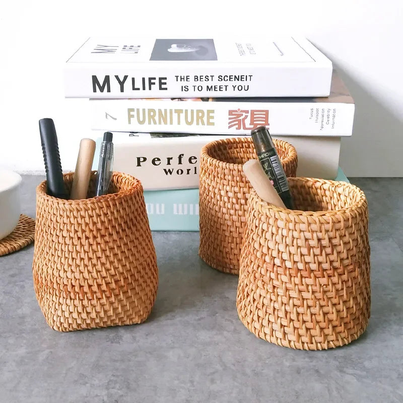 Student Start School Office Supplies Rattan Woven Handmade Creative Pen Holder Desktop Storage Box Pen Insert