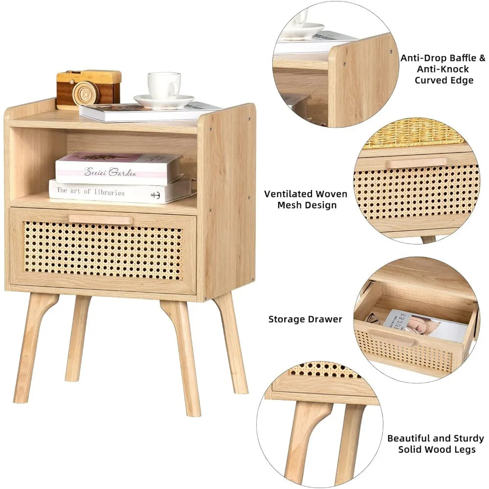 Rattan Nightstands with Wood Legs