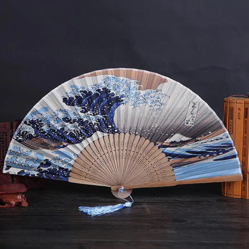 Japanese Style Silk Hand Fan Kanagawa Waves Folding Fan Wedding Party Decoration Gifts Home Wall Decoration