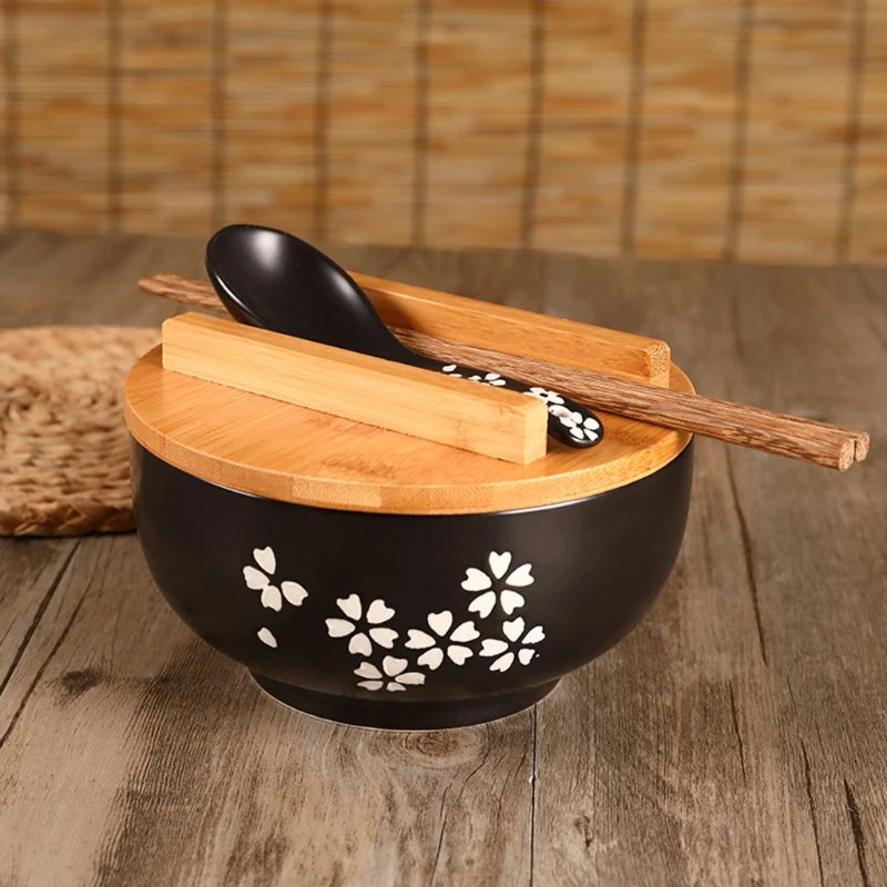 Japanese Ceramic Ramen Bowl with Lid, Large Noodles Fruit Soup Bowls, Kitchen Tableware, Bring Wooden Spoon, Chopstick