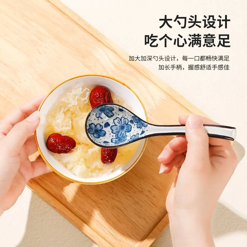 Soup Spoons Japanese Ceramic Kitchen Tableware Creative Retro Long-Handled Bone China Eating Scoop Dinnerware Stirring Teaspoon