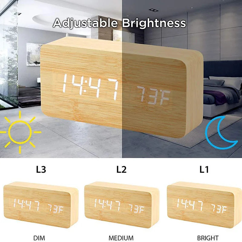 Digital Alarm Clock Wooden LED Table Clock with Temperature for Bedroom Office Travel Desk Decorations