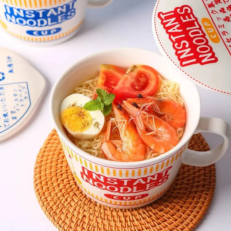 Japanese Style Creative Instant Noodle Bowl, Ceramic With Lid, Large Capacity Handle Instant Noodle Cup High Aesthetic Value