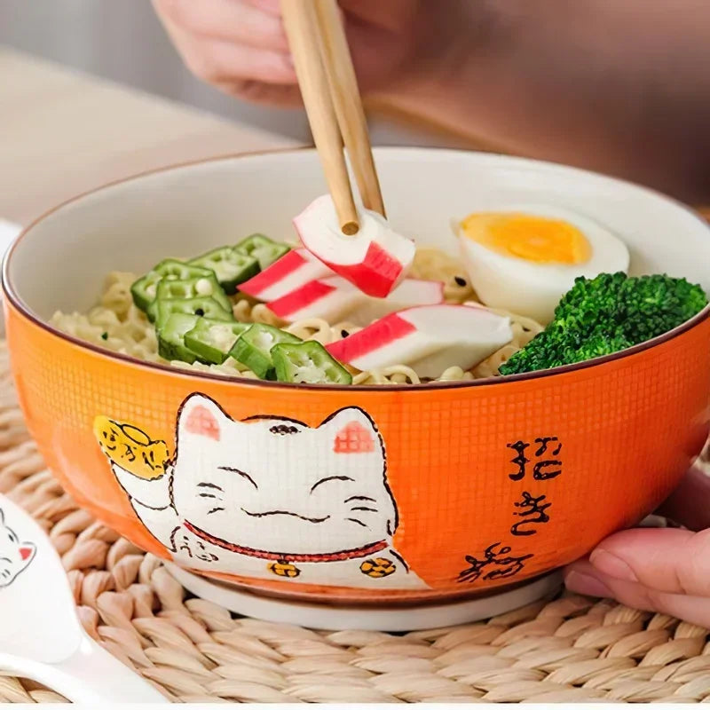 Multi-size Japanese Lucky Cat Round Ceramic Bowl Restaurant Household Bone China Salad Bowl Noodle Soup Bowl Tableware