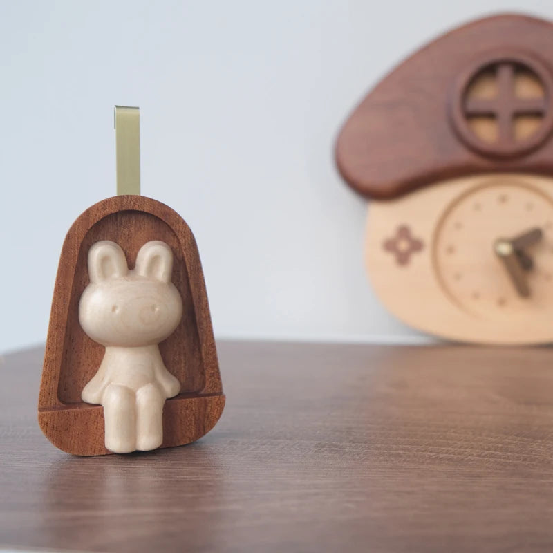 Cute Kids Room Wall Clock Wooden Mushroom House Rabbit Swing Clock Home Decor Solid Wood Mute Room Living Room Wall Decoration