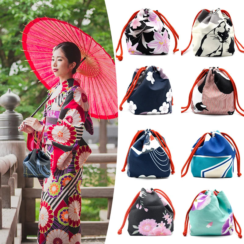 Kimono Handbag Japanese Style Haori Yukata Girls Kimono Purse Women Bag Vintage Floral Drawstring Bucket Bag Hanfu Handbag