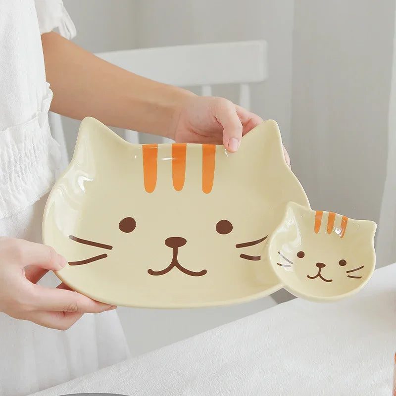 Ceramic Grid Plate Korean Cartoon Creative Cat Shape Snack Plate Tableware Kids Breakfast Plate Dumpling Dish Kitchen Supplies