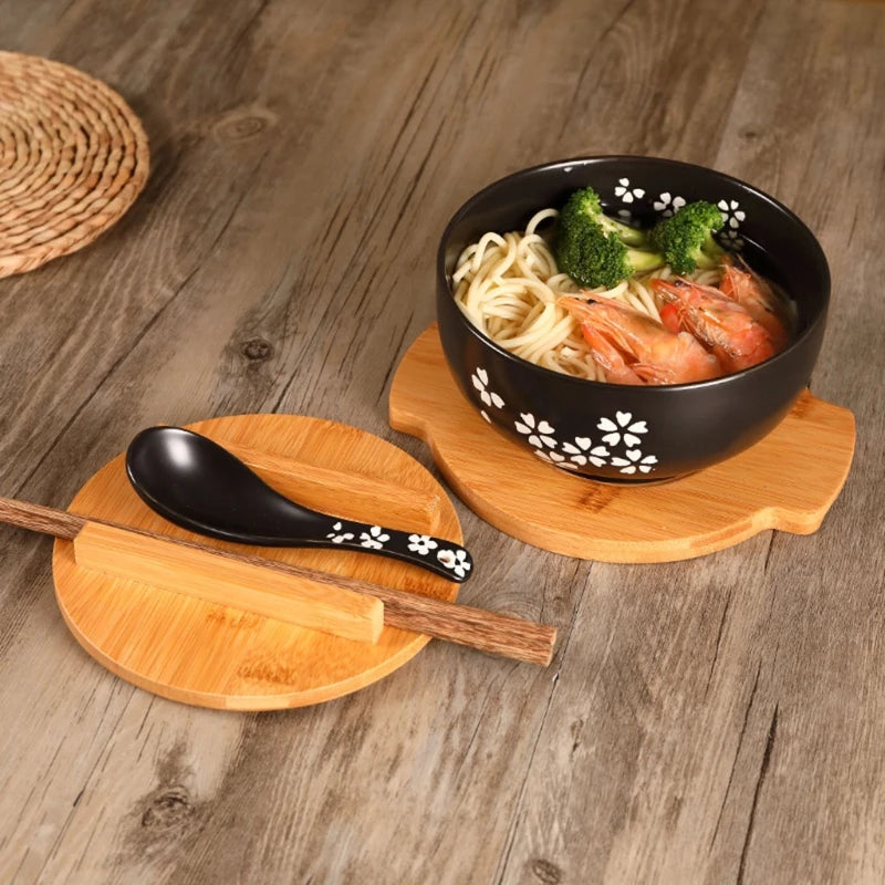 Japanese Ceramic Ramen Bowl with Lid, Large Noodles Fruit Soup Bowls, Kitchen Tableware, Bring Wooden Spoon, Chopstick