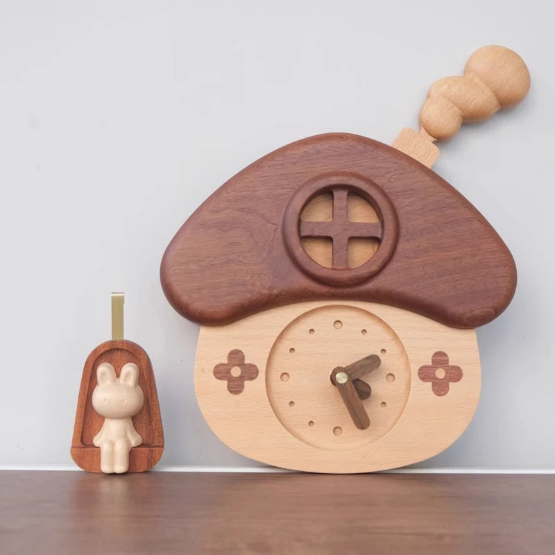 Cute Kids Room Wall Clock Wooden Mushroom House Rabbit Swing Clock Home Decor Solid Wood Mute Room Living Room Wall Decoration