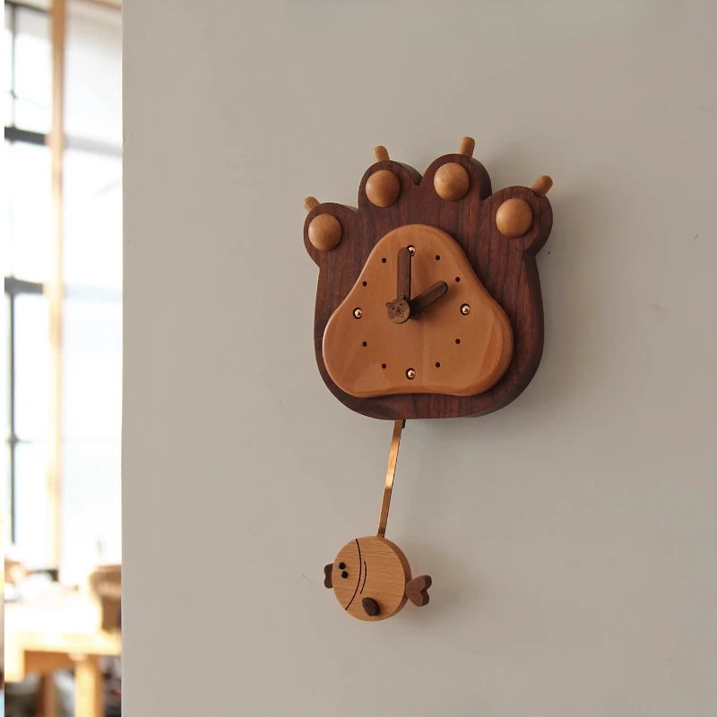 Cute Kids Room Wall Clock Wooden Mushroom House Rabbit Swing Clock Home Decor Solid Wood Mute Room Living Room Wall Decoration