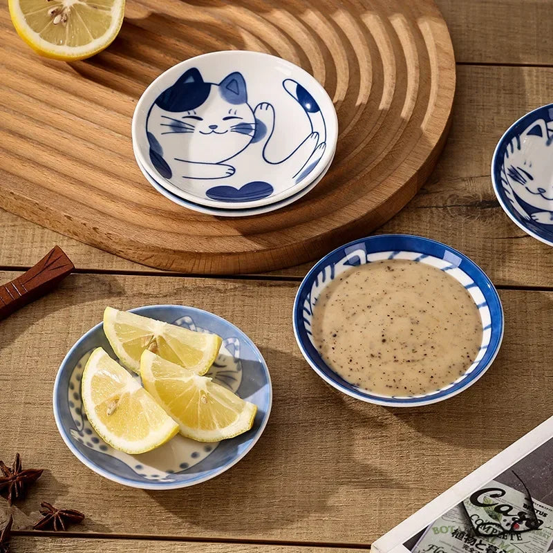 4pcs Ceramic Sauce Dishes Sushi Plate Tableware Japanese Style Dessert Creative Cute Cartoon Lucky Cat Pattern Spice Plate