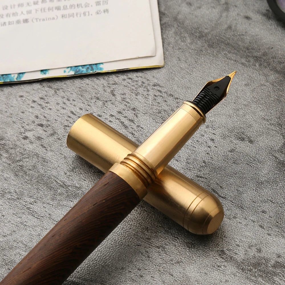 Retro Wood Bronze Fountain Pen 0.5mm Luxurry Wooden Office Business Writing Art Calligraphy Pens Office Stationery Gift Ink Pen