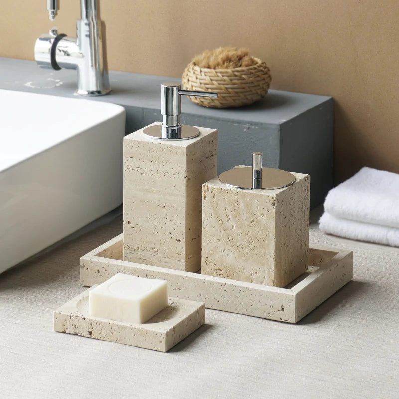 Beige Travertine Bathroom Accessories Set Natural Marble Soap Dispenser Soap Dish Reed Diffuser Vanity Tray Kit Bathroom