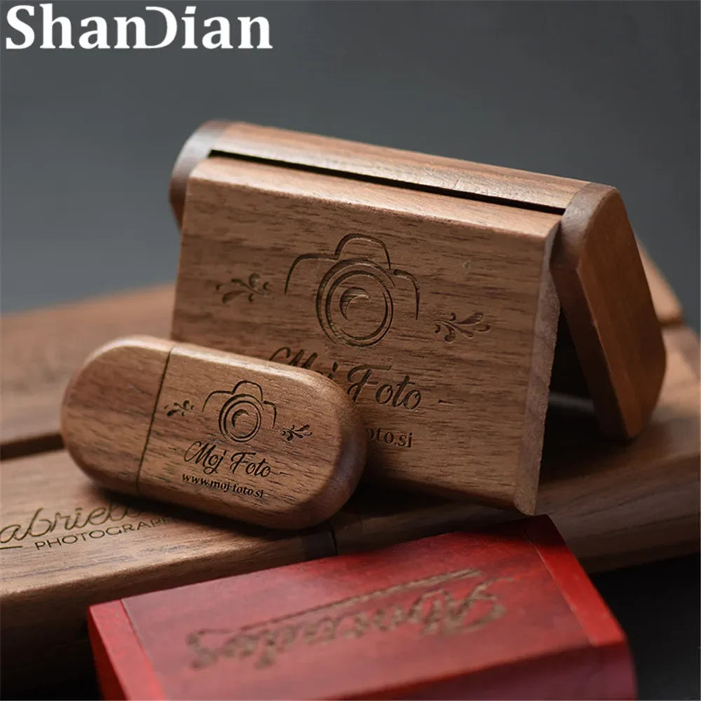 SHANDIAN Free LOGO Wooden + Box USB 2.0 Pen drive 4GB 16GB 32GB 64GB Flash Drive Memory stick wedding Photography Gift U Disk