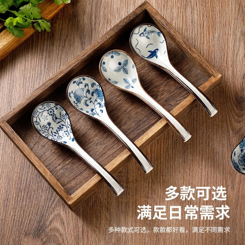 Soup Spoons Japanese Ceramic Kitchen Tableware Creative Retro Long-Handled Bone China Eating Scoop Dinnerware Stirring Teaspoon