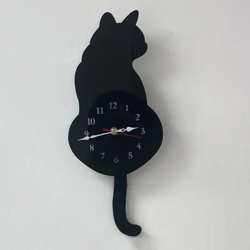 Swinging Cat Wall Clock Modern Simple Wagging Tail Creative Silent Home Decoration Clock Living Room Home Pendulum Clock-Black