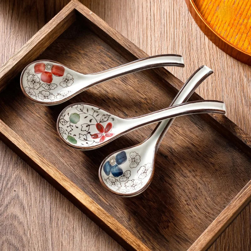 Soup Spoons Japanese Ceramic Kitchen Tableware Creative Retro Long-Handled Bone China Eating Scoop Dinnerware Stirring Teaspoon