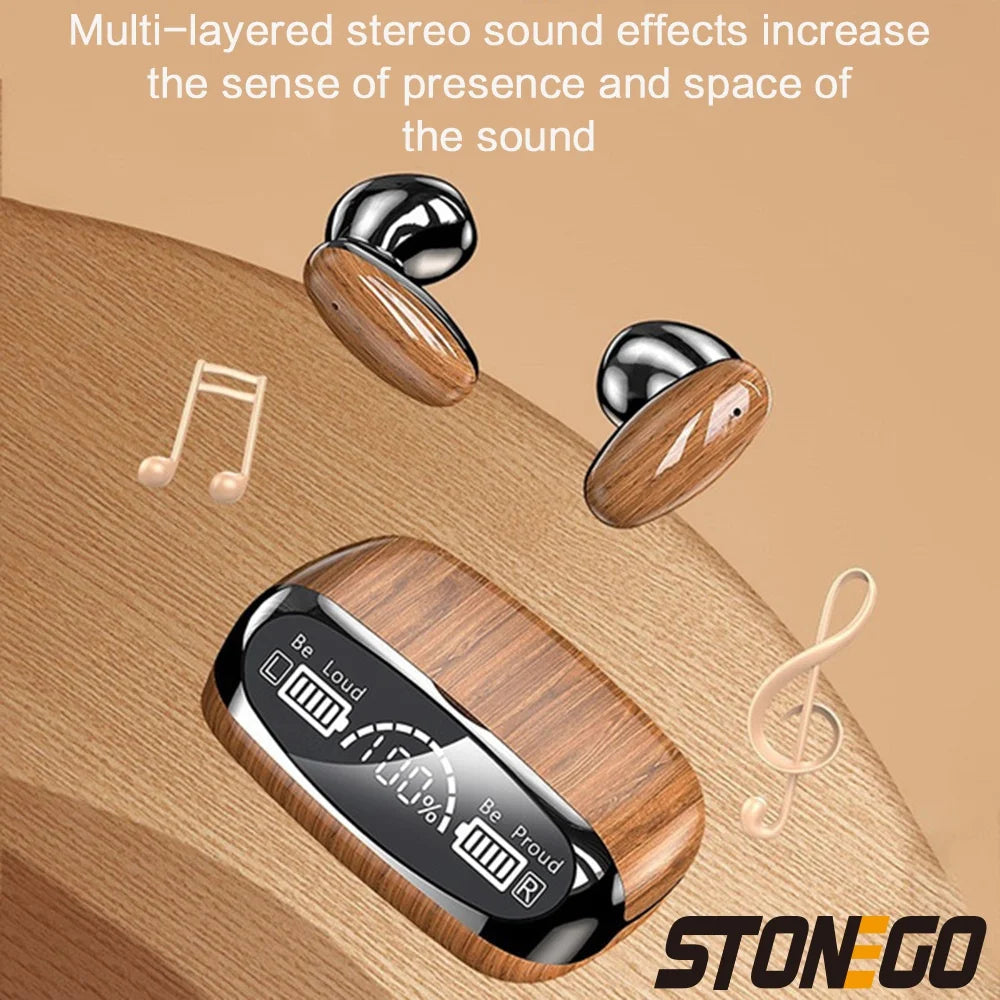 STONEGO TWS Wireless Bluetooth 5.2 Wood Grain Sport Headphones HD Mirror LED Display Touch Stereo Headset