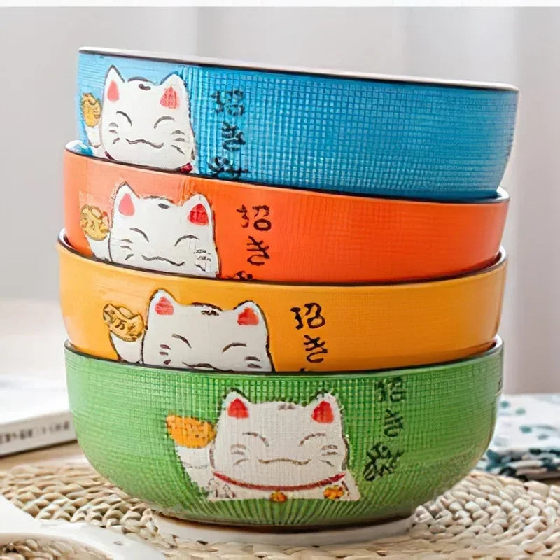 Multi-size Japanese Lucky Cat Round Ceramic Bowl Restaurant Household Bone China Salad Bowl Noodle Soup Bowl Tableware