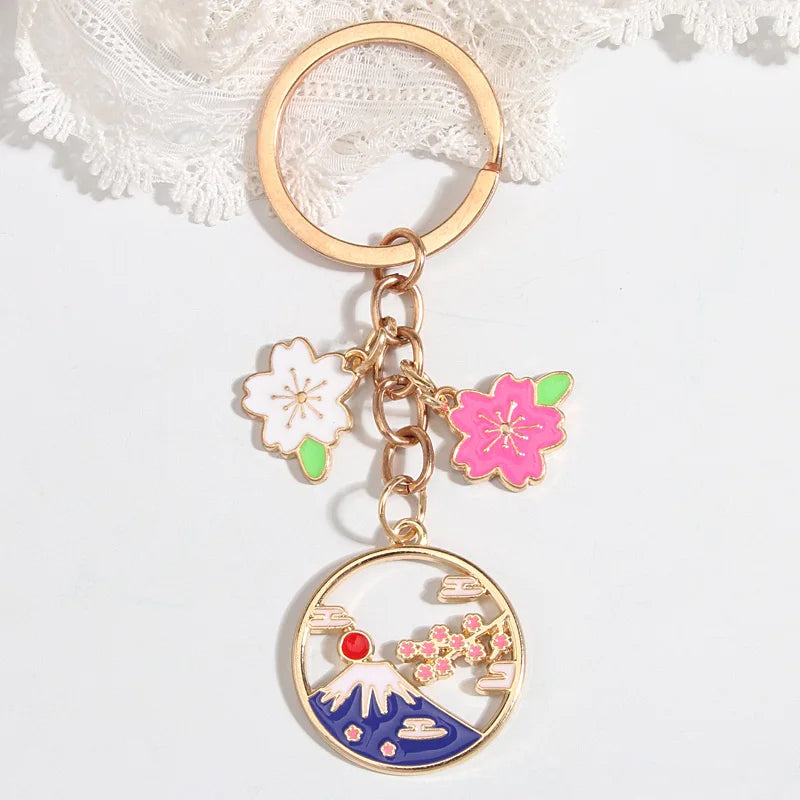 Cartoon Keychain Japan Fuji Mountain Sakura Flower Key Ring Enamel Key Chains Souvenir Gifts For Women Men DIY Handmade Jewelry