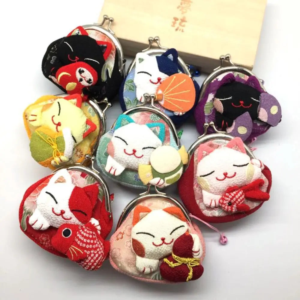 Cute Children's Purse Handmade Flower Printing Japanese Lucky Cat Coin Purse Girl Travel Outdoor Fashion Design Birthday Gift