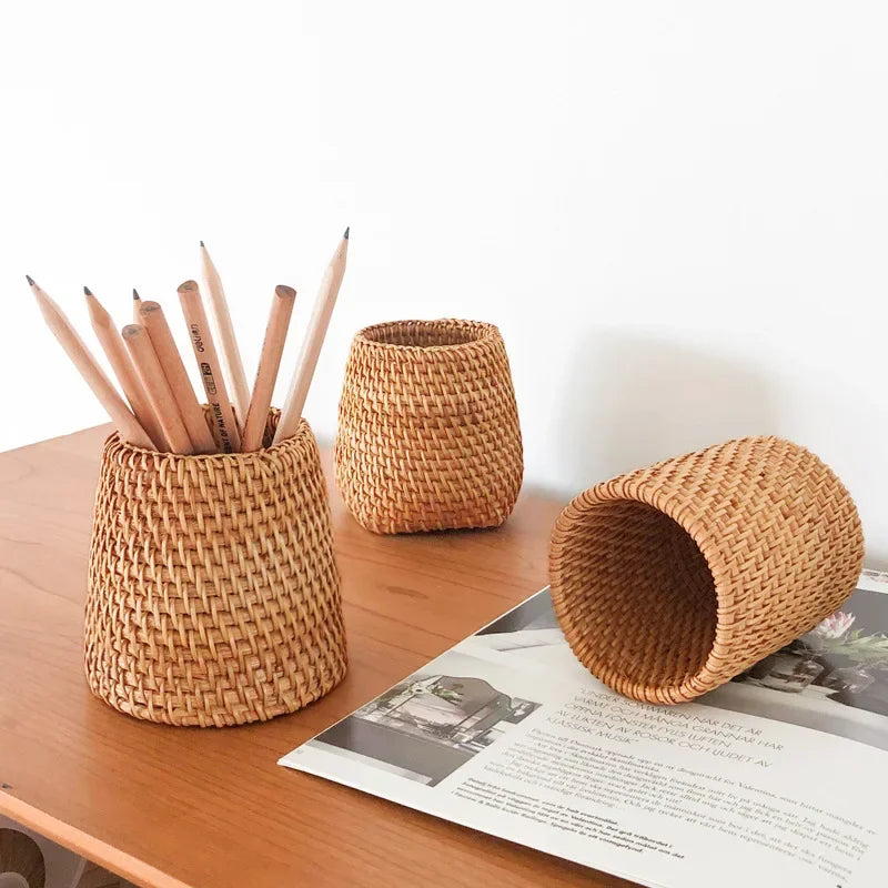 Student Start School Office Supplies Rattan Woven Handmade Creative Pen Holder Desktop Storage Box Pen Insert