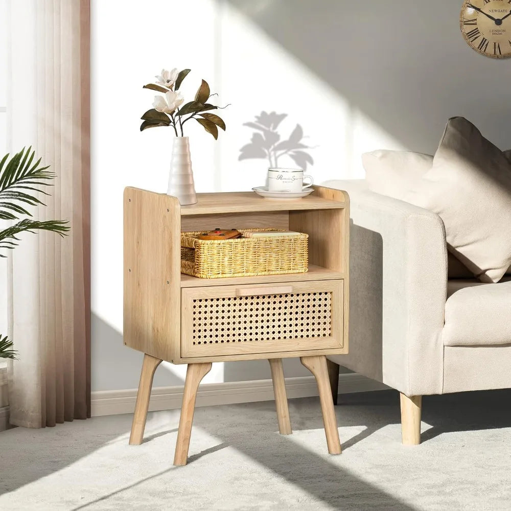 Rattan Nightstands with Wood Legs