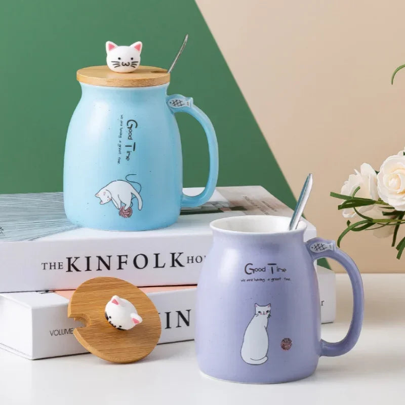 Cute Cartoon Ceramic Cup Japanese Coffee Mug with Wooden Lid and Spoon Iced Yogurt Smoothie Juice Cup Heat-resistant Water Mug