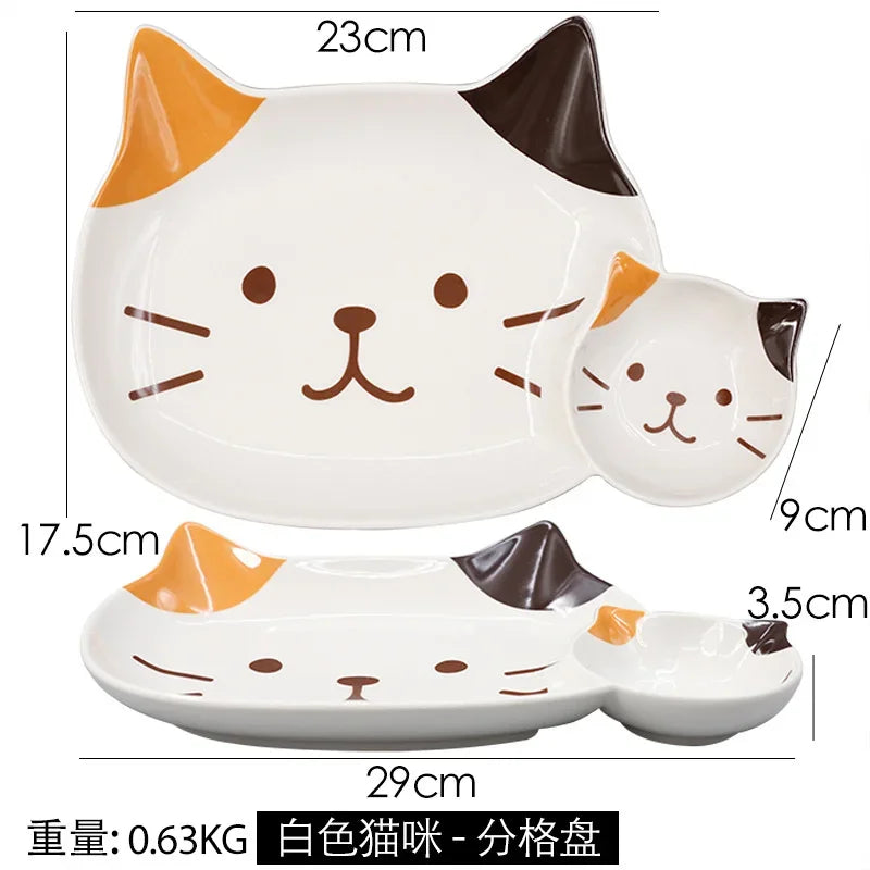 Ceramic Grid Plate Korean Cartoon Creative Cat Shape Snack Plate Tableware Kids Breakfast Plate Dumpling Dish Kitchen Supplies