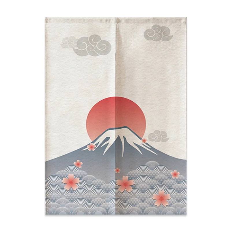 Japanese Linen Door Curtain Noren Mount Fuji Waves Partition Bedroom Kitchen Home Entrance Decor Customizable Half-Curtain