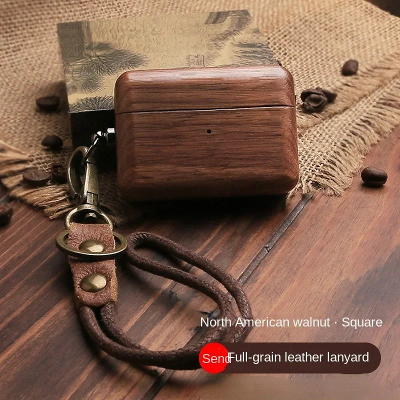 Luxury Solid Wood Earphone Case For AirPods Pro 2 Protective Cover For AirPods 1/2/3/4 Gen Shell+Wrist Strap Cowhide Lanyard