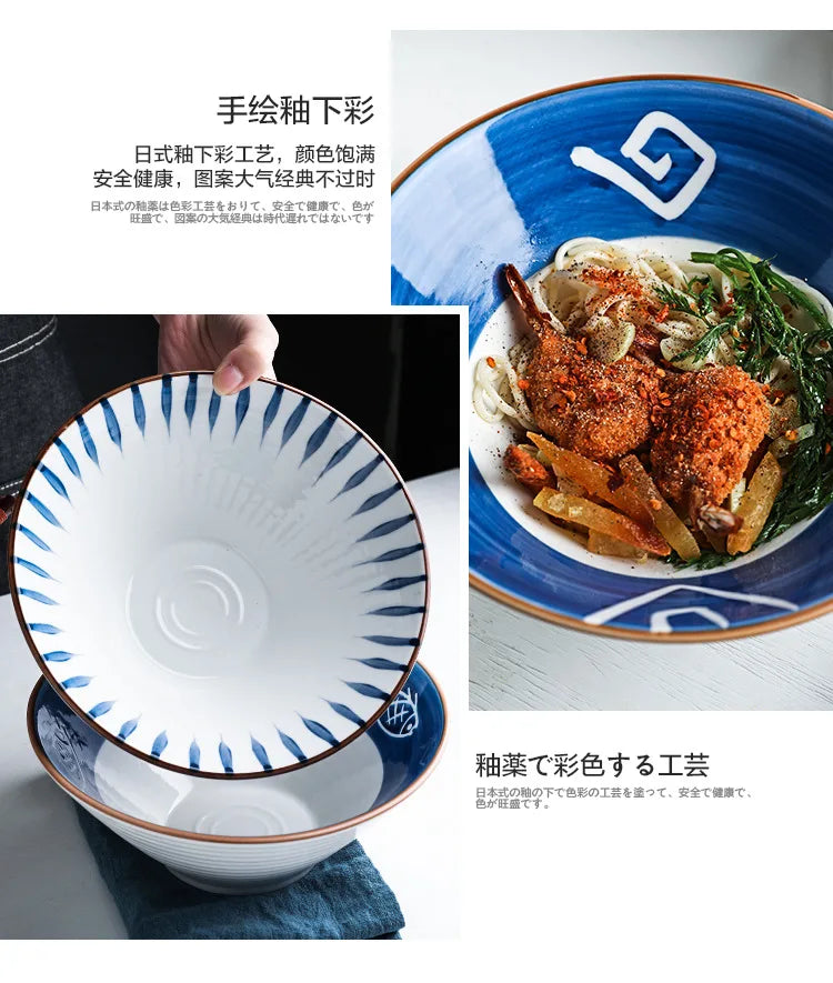 Creative Ceramic Ramen Bowls Large Japanese Salad Bowl for Soup Rice Fruit Meal Container Kitchen Tools Tableware 1000ml 20.5cm