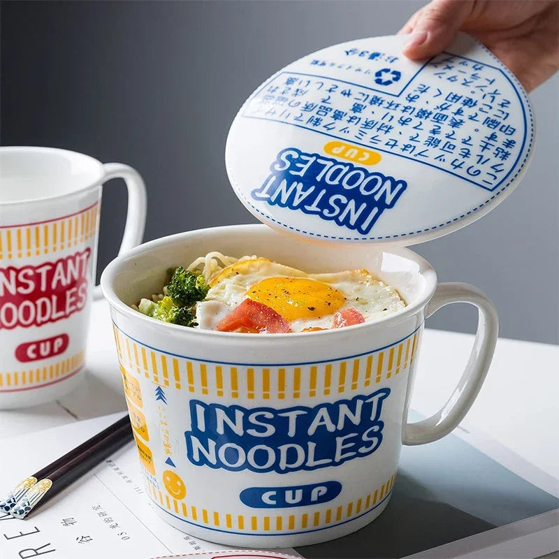 Japanese Style Creative Instant Noodle Bowl, Ceramic With Lid, Large Capacity Handle Instant Noodle Cup High Aesthetic Value