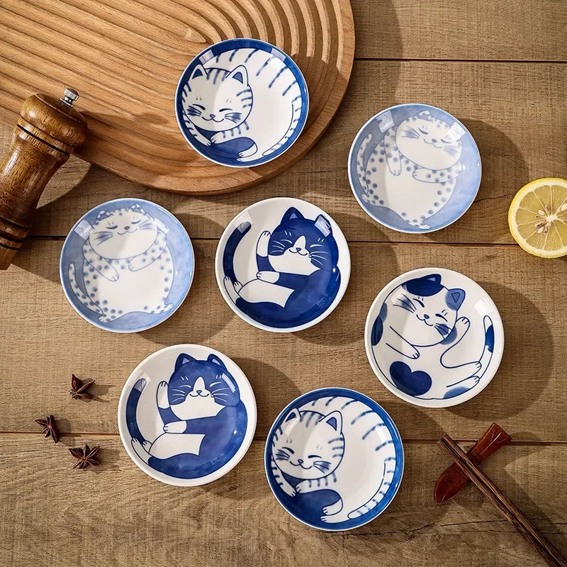 4pcs Ceramic Sauce Dishes Sushi Plate Tableware Japanese Style Dessert Creative Cute Cartoon Lucky Cat Pattern Spice Plate