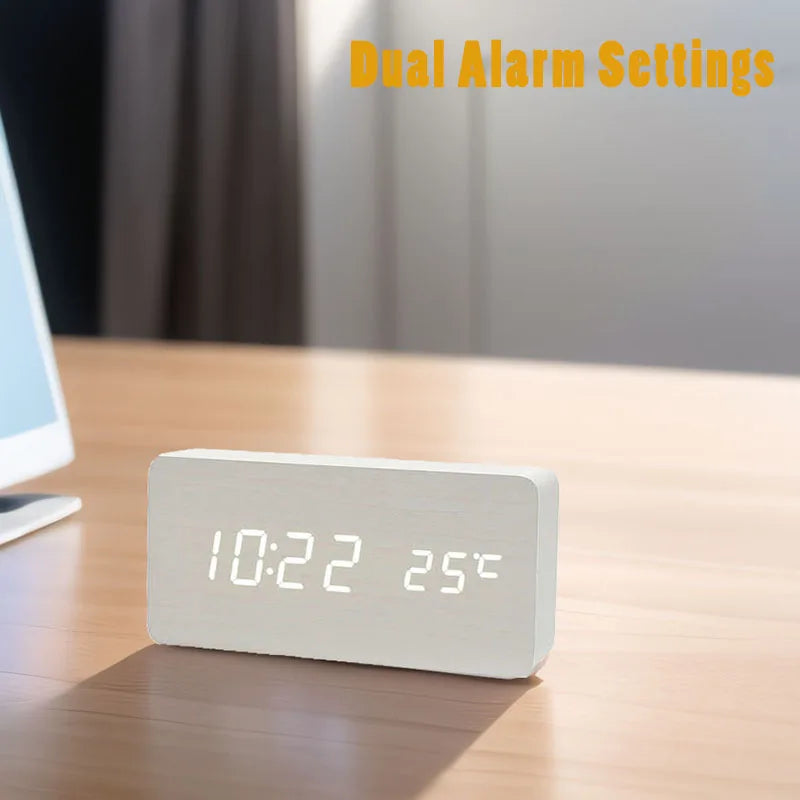 Digital Alarm Clock Wooden LED Table Clock with Temperature for Bedroom Office Travel Desk Decorations