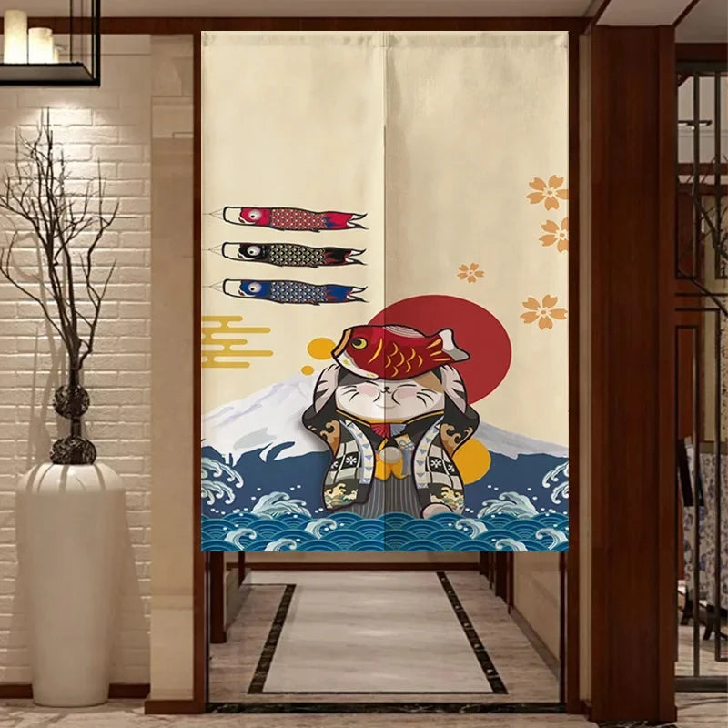 Japanese Noren Door Curtain Lucky Cat Print Partition Curtain For Kitchen Bedroom Entrance Decor Doorway Hanging Half-Curtain