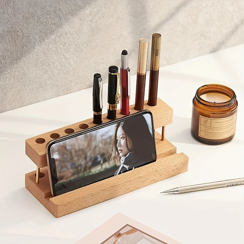 1PC Walnut Wood Multifunction Desk Organizer - Pen Holder, Phone Stand & Storage Solution for Office and School