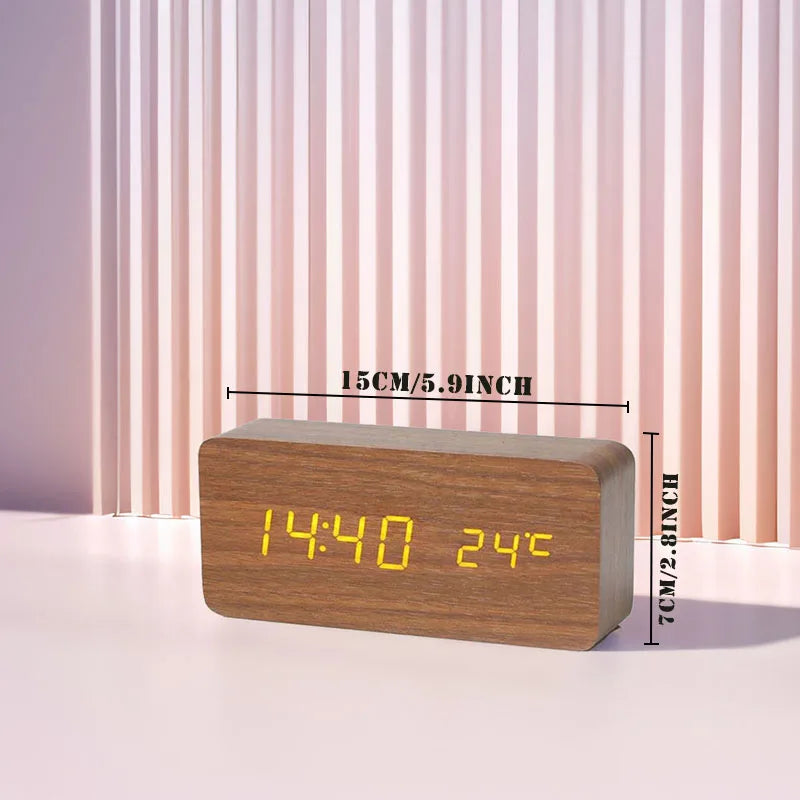 Digital Alarm Clock Wooden LED Table Clock with Temperature for Bedroom Office Travel Desk Decorations